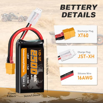 2S Lipo Battery 2500mAh 7.4V 80C High Discharge Rate Shorty Pack RC Batteries with XT60 Plug Fit for RC Airplane FPV Quadcopter Helicopter Drone Racing RC Hobby Model with 1TO2 Charger - style: XT60