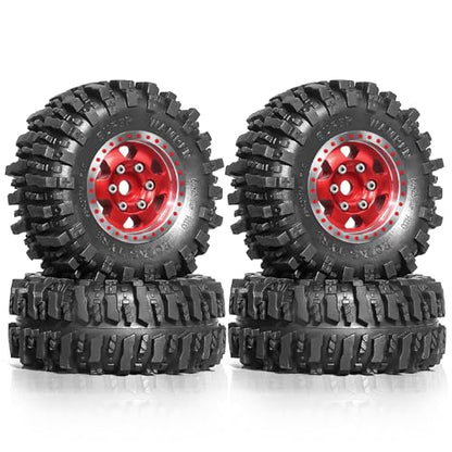 1/24 1/18 RC Crawler Tires and Beadlock Wheels Rims Offset -2.5mm 1.0 Super Soft Sticky Mud Terrain Rock Tyres OD 55mm for 1:24 1:18 Car Axial SCX24 FMS AX24 FCX18 FCX24 TRX4M 4Pcs (Red) - color: Red