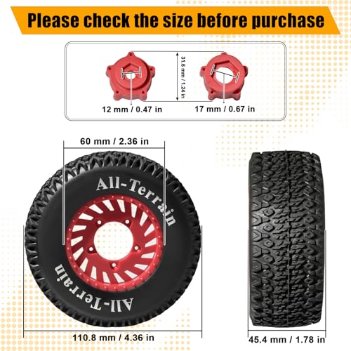 1/10 RC Short Course Truck Tire and Wheel - 12mm/17mm Hex, Red | All-Terrain Tires and Nylon Wheels Compatible with 1/10 Traxxas Slash 4WD 2WD Arrma Senton Axial Losi Redcat RC Buggy, 4-Pack - color: Red