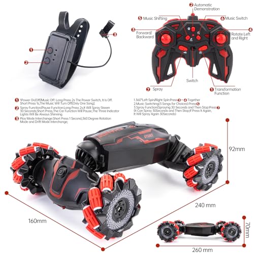 Gesture Sensing RC Stunt Car, 360° Off-Road,Gift for 5-13 Kids | Dual gesture & remote control, 4WD 360° rotating drift RC car with cool lights & music, ideal birthday gift for 5-13 boys - color: L-red