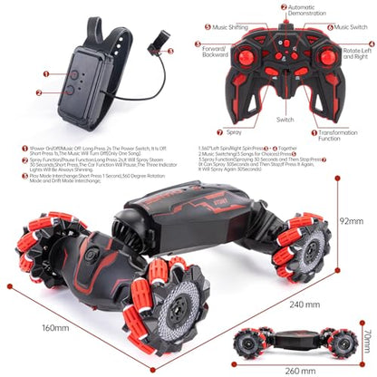 Gesture Sensing RC Stunt Car, 360° Off-Road,Gift for 5-13 Kids | Dual gesture & remote control, 4WD 360° rotating drift RC car with cool lights & music, ideal birthday gift for 5-13 boys - color: L-red
