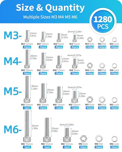 Metric Screw Assortment, 1280PCS Metric Bolt Assortment Kit M3 M4 M5 M6 Machine Screws with Lock & Flat Washers, 304 Stainless Steel Hex Socket Head Cap Screws Nuts and Bolts Kit (Silver) - size: M3M4M5M6 1280PCS