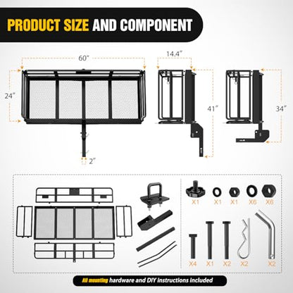 Nilight 60" x 24" x 14.4" Carrier with Stabilizer Fits 2-inch Receiver 500 Lbs Heavy Duty Capacity Luggage Basket Fold Up for SUV Pickup Camping Traveling Capacity Basket - style: 24"x 60"x 14.4", Basket w/,Stabilizer