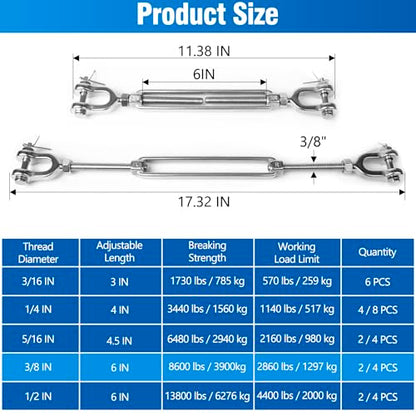 2 PCS M10 Turnbuckle 3/8" 304 Stainless Steel Jaw and Jaw Turnbuckle Tensioner, Heavy Duty Cable Tensioner, 2860 LBS Working Load Limit, Adjustable Turnbuckles for Cables Wire, Clothesline, Shade Sail - size: 3/8"-2 Pack