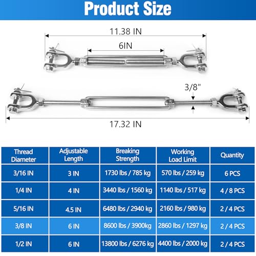 4 PCS M10 Turnbuckle 3/8" 304 Stainless Steel Jaw and Jaw Turnbuckle Tensioner, Heavy Duty Cable Tensioner, 2860 LBS Working Load Limit, Adjustable Turnbuckles for Cables Wire, Clothesline, Shade Sail - size: 3/8"-4 Pack