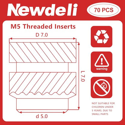 Newdeli 70pcs M5 Heat Set Inserts M5x7x7 Threaded Inserts for Plastic and 3D Printing Components Brass Metric Knurled Nuts Kit - size: M5x7x7 (70 pieces)