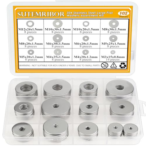 102 Pieces Stainless Steel Fender Washers, Flat Washers, Metal Washers for Screws Bolts, Fender Washers Assortment Kit, Assorted Washers Set (M3 M4 M5 M6 M8 M10 M12) - size: Fender Washers Kit