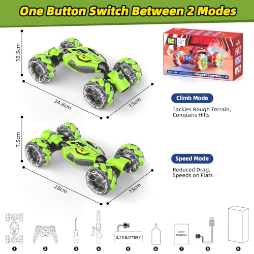 VisionX Unique 4WD High Speed RC Cars, Gesture Sensing Remote Control | Outdoor Toys for Kids Ages 6 7 8 9 10 11 12 Year Old, Double‑Sided Driving RC Drift Car, 360° Rotating Stunt Car Toys - color: Green