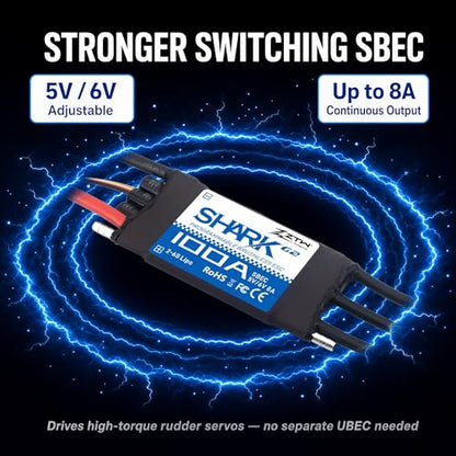 ZTW Shark G2 100A ESC 2-6S Built-in Swithcing BEC 5V/6V 8A Water-Cooling Bidirectional Waterproof Brushless Speed Controller for RC Boat Marine - size: 100A