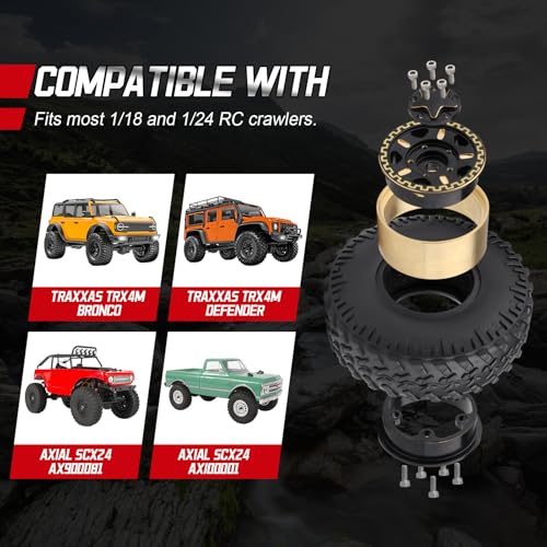 HobbyPark Brass 1.0 Beadlock Wheels and Tires for TRX4M Upgrades Axial SCX24 1/24 RC Crawler Replacement Parts, Set of 4 (Type E) - style: Type E