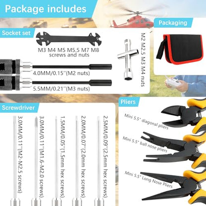 12 Pieces RC Car Repair Tool Kit with Hex Phillips Flat Screwdrivers, Pliers, Spanners, Wrenches–Hobby Tool Set Compatible with RC Car Drone Helicopter Airplane Boat Multirotor Models(Black) - color: Black