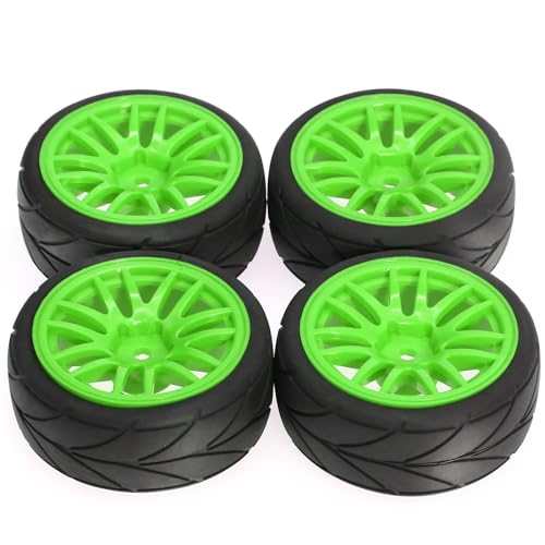 1/10 RC On Road Tires OD 2.56" And Hard Plastic Rally Wheels Rims 12mm Hex for 1:10 Scale Street Racing Touring Drift Car Tamiya TT01 TT02 Traxxas XV02 XV01 TA06 HPI KYOSHO PTG2 4PCS (Green) - color: Green