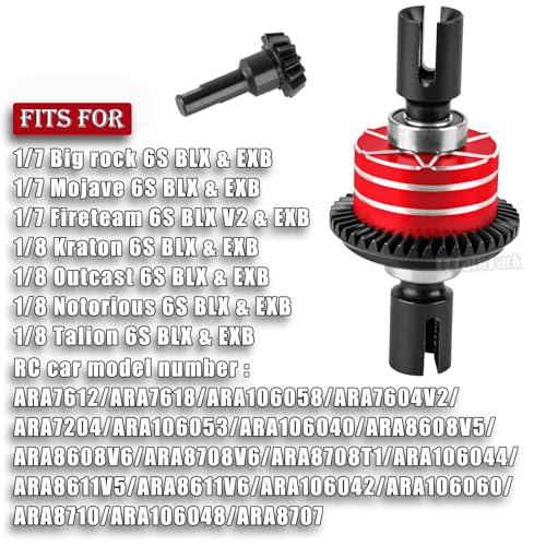RC 43T Differential & 10T Main Gear Upgrades Part for 1/7 Big Rock/Mojave/Fireteam V2 6S BLX,1/8 Kraton/Outcast/Notorious Talion 6S BLX & EXB,Replace ARA310990,#ARA310979,Red - color: Red - (Differential)