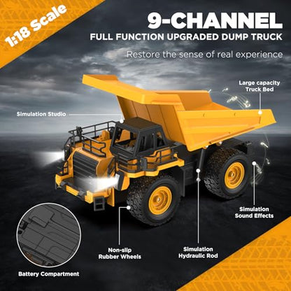 9-Channel RC Dump Truck Toy | 1:18 Scale Construction Vehicle with Working Bed, Lights & Sounds, All-Terrain Tires, 100-Min Rechargeable Battery, 2026 New STEM Birthday Gift for Kids 6-12 & Adults - style: Dump Truck[2026 Upgrade]