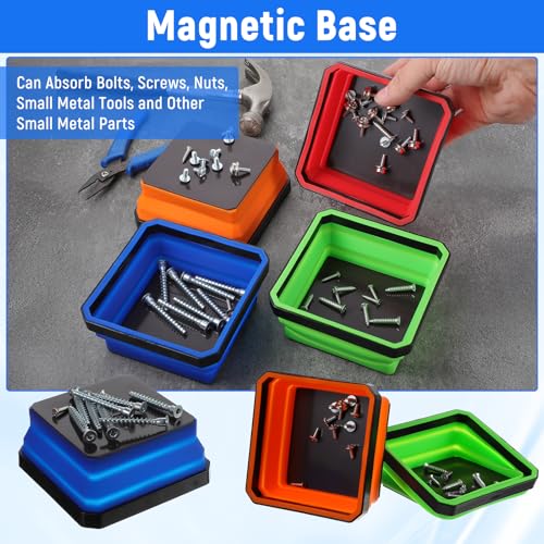 4 Pcs Foldable Magnetic Parts Tray, 4.25 Inch Square Foldable Silicone Tool Organizer with Dual-Sided Magnetic Base, for Screws, Bolts, Nuts, and Small Metal Parts Storage In 4 Colors