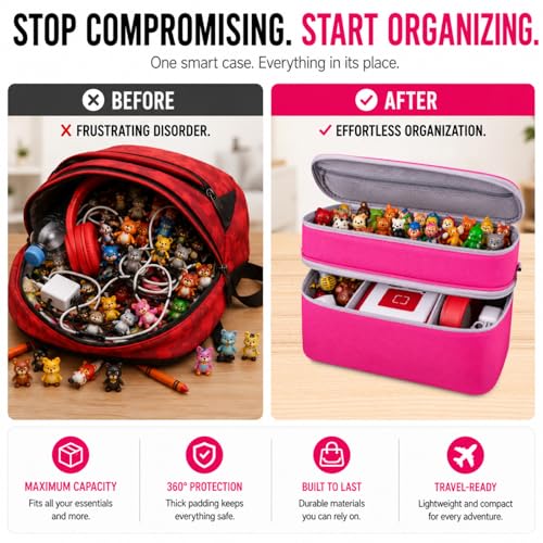 Bevegekos 2-Layer Carrying Case for Toniebox Gen 1 & 2, Holds 25+ Figures | EPE foam padded, 2 velcro dividers, fits headphones & charging station, adjustable strap, ideal for travel and daily use - color: Rosy/Pink