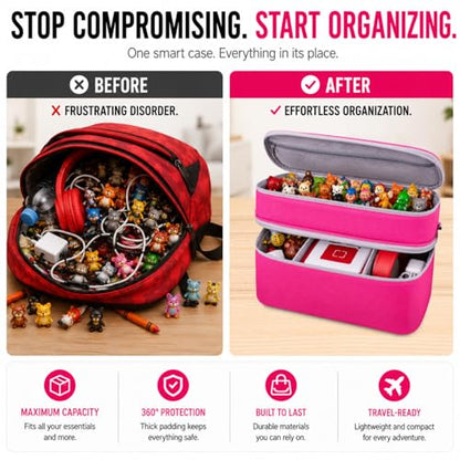 Bevegekos 2-Layer Carrying Case for Toniebox Gen 1 & 2, Holds 25+ Figures | EPE foam padded, 2 velcro dividers, fits headphones & charging station, adjustable strap, ideal for travel and daily use - color: Rosy/Pink