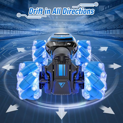 Gesture RC Car, Gesture Sensing RC Stunt Car Toys with Lights & Dance for Kids 6-12 yr, 2.4GHz 4WD Hand Remote Control with Lights Music, Off-Road 360° Rotation Drift for Birthday Toy Gifts-(BLUE)