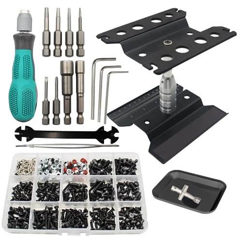 RC Car Repair Work Stand Repair Tool Set 360 Degree Rotation and 523 PCS RC Screws Kit & RC Screwdrivers and Screws Pallet Kit for 1/8 1/10 1/12 1/16 1/18 RC Car Crawler Truck Buggy (Black)