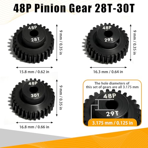 3PCS 48P Pinion Gear Set Hardened Steel 3.175mm Shaft 28T 29T 30T with Screws & Hex for 1/10 RC Arrma Traxxas HPI Kyosho Losi Axial SCX10 Tamiya Monster Truck Buggy Motor Upgrade Parts - size: 28 29 30T