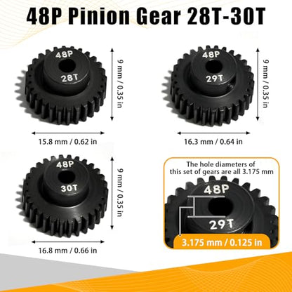 3PCS 48P Pinion Gear Set Hardened Steel 3.175mm Shaft 28T 29T 30T with Screws & Hex for 1/10 RC Arrma Traxxas HPI Kyosho Losi Axial SCX10 Tamiya Monster Truck Buggy Motor Upgrade Parts - size: 28 29 30T