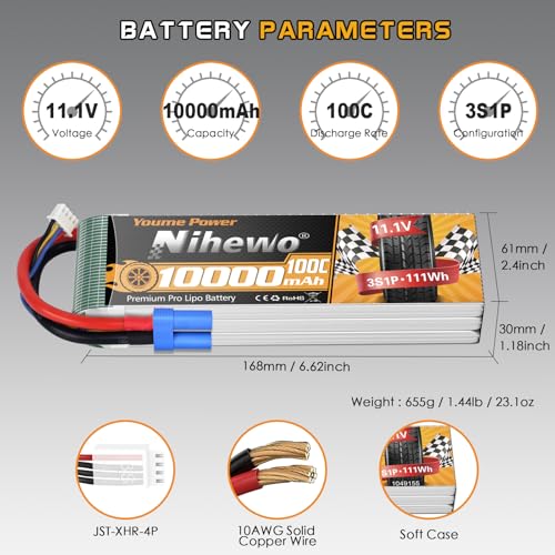11.1V Lipo Battery 3S 10000mAh 100C EC5 2Packs for RC Car Drone Boat | High-power 100C 3S LiPo pack Soft case EC5 plug for RC cars, trucks, boats, planes & drones, long runtime, durable cells - style: 2x 11.1V 10000mAh