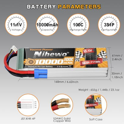 11.1V Lipo Battery 3S 10000mAh 100C EC5 2Packs for RC Car Drone Boat | High-power 100C 3S LiPo pack Soft case EC5 plug for RC cars, trucks, boats, planes & drones, long runtime, durable cells - style: 2x 11.1V 10000mAh