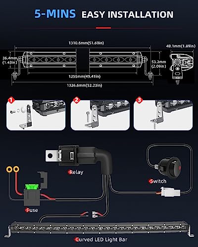 BraveWAY LED Light Bar Curved 50 Inch Single Row Offroad Lighting Driving Lightbar Spot Flood Combo Beam LED Work Light for Trucks SxS UTV ATV SUV 4WD 4X4 Pickup - size: 50 Inch