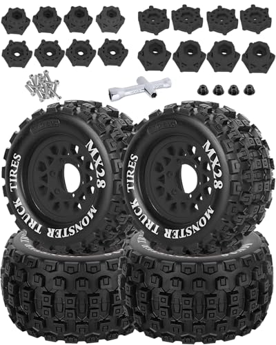 RC Wheels and Tires for 1/10 RC Scale Car,Rustler Stampede Hoss,Arrm a Granite Vorteks Big Rock 3S,MX28 2.8" Truck Tires and Wheels w/ 12mm/14mm Hex,4pcs,Black - color: Black(4pcs)