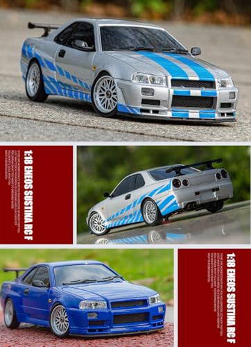 LD1899 1/18 Scale RC Drift Car, GTR R34 2.4GHz RWD Mini Model Car with Gyro, Alloy Body Shell Racing Cars for Adults Toys (Silver-Blue) - color: Silver-blue