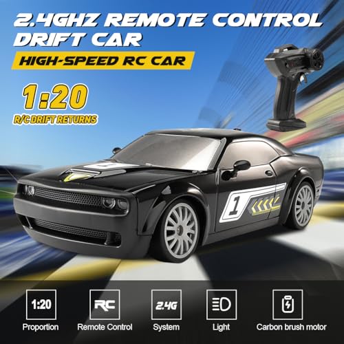 jaming KF27 Remote Control Car,RC Cars for Kids,1:20 4WD RC Drift Car with LED Lights, High-Speed Competitive 2.4G Cars for Drift and Race, Children's Gifts and Toys(Black 2-Battery)