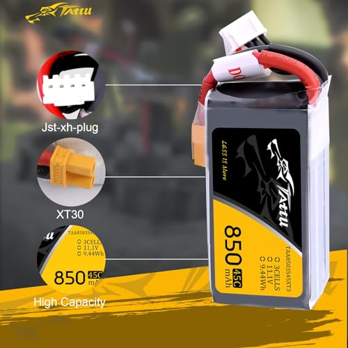 TATTU 850mAh 11.1V 45C 3S LiPo Battery Pack with XT30 Plug(2 Pcs) - size: 2 Pcs