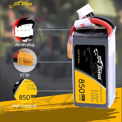 TATTU 850mAh 11.1V 45C 3S LiPo Battery Pack with XT30 Plug(2 Pcs) - size: 2 Pcs