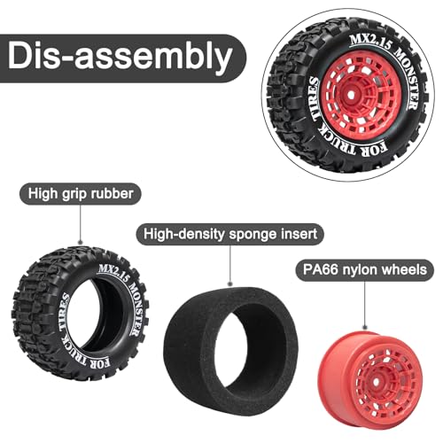 LRFHL 12mm Hex RC Wheel Tires 4PCS | for 1/16 Traxxas Mini Maxx 107154-1 Mini XRT VXL 108076-1 E-Revo Mini XRT MJX 16207 16210 HSP 94186 LOSI 1/18 Mini LMT - color: Black Tires+ Red Wheel-6