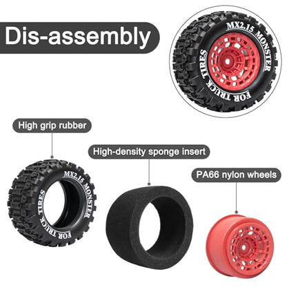 LRFHL 12mm Hex RC Wheel Tires 4PCS | for 1/16 Traxxas Mini Maxx 107154-1 Mini XRT VXL 108076-1 E-Revo Mini XRT MJX 16207 16210 HSP 94186 LOSI 1/18 Mini LMT - color: Black Tires+ Red Wheel-6