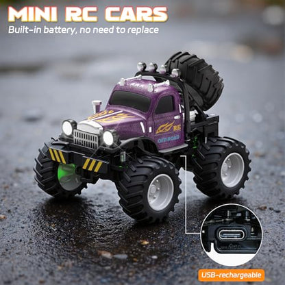 Snugzy Mini RC Car 1:64 Scale RC Truck for Kids with Trailer 2.4Ghz Remote Control Rechargeable RC Cars Toy Gifts for Boys Girls Adult (Purple) - color: Purple