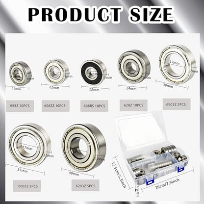 55 Pcs Ball Bearings—608RS/ 608ZZ/ 698ZZ/ 628ZZ/ 6903ZZ/ 6003ZZ/ 6203ZZ Small Bearings Assortment Kit for Skateboard Bearings Inline Skates 3D Printer Furniture Wheel, 7 Styles
