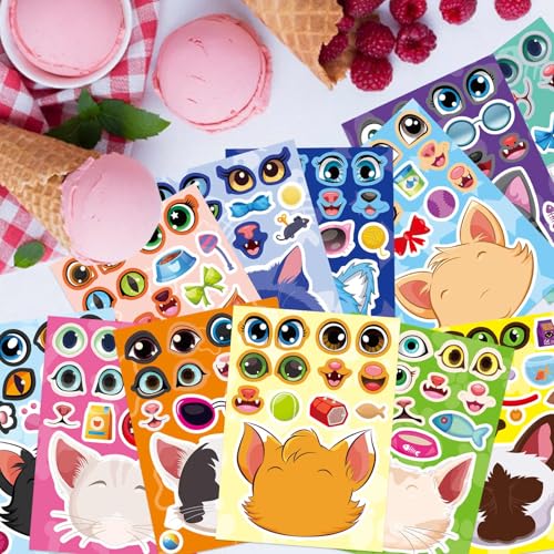 Cats Stickers for Kids, Make a Cat Face Stickers, Animal Stickers | 24 Sheets Make You Own Cats Stickers, Birthday Gift Party Favors Supplies Teacher Art Craft, Games School Activity Reward - style: Cats Stickers
