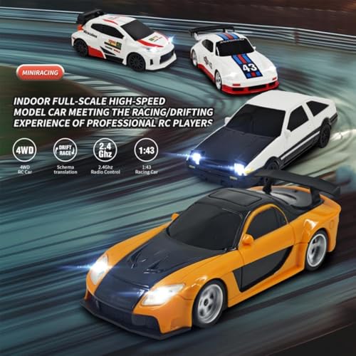 1/43 Scale RC Drift Car, 2.4GHz Full Proportional Mini Racing Car with Lights, 4WD Electric RTR Remote Control Car, Includes Drift & Racing Tires, Traffic Cones, USB Charger,（RTR/Blue Silver） - color: Blue Silver, size: RTR Version