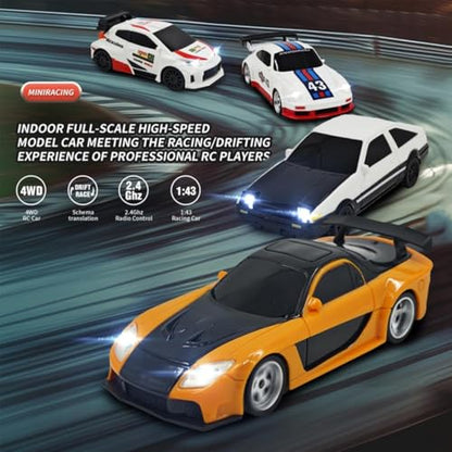 1/43 Scale RC Drift Car, 2.4GHz Full Proportional Mini Racing Car with Lights, 4WD Electric RTR Remote Control Car, Includes Drift & Racing Tires, Traffic Cones, USB Charger,（GyroBlue Silver） - color: Blue Silver, size: Gyro Version