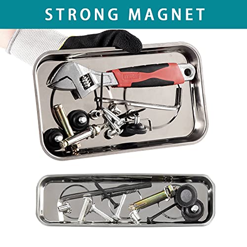 3 Pieces Magnetic Trays Set Stainless Steel Magnet Tool Tray Parts Holder for Screws, Sockets, Bolts, Pins, Mechanic's and Automotive - size: 3 Pieces Set (8.9" x 2.5" + 9.5" x 5.5")