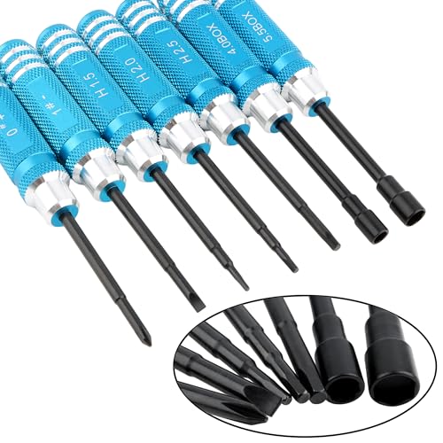 7-in-1 Hex Screwdriver Set (0.05"/1.5mm, 2.0mm,2.5mm & Box Wrench (4.0mm,5.5mm) Nut Screw Driver|RC Tool Kit|Phillips| Compatible with TRX4M SCX24 1/24 1/18 1/16 RC Cars Drone Repair(LightBlue) - color: Lightblue