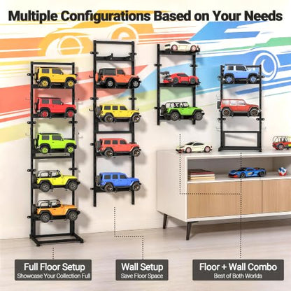 Wall Mount＆Floor RC Car Display Stand, 5 Tier Adjustable RC Car Rack | for Crawler Trucks Workstation,RC Storage Shelf for RC Model Cars 1/6 1/10 1/12 1/24 1/18 Fcx10 Fcx24 Fcx18 Scx24 Scx18 Scx10