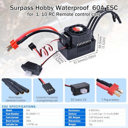 SurpassHobby Waterproof K3650 3100KV Brushless Motor 3.175mm Shaft with 60A Brushless ESC Electric Speed Controller Combo Set for 1/10 Remote Control Car Truck - size: 3100kv