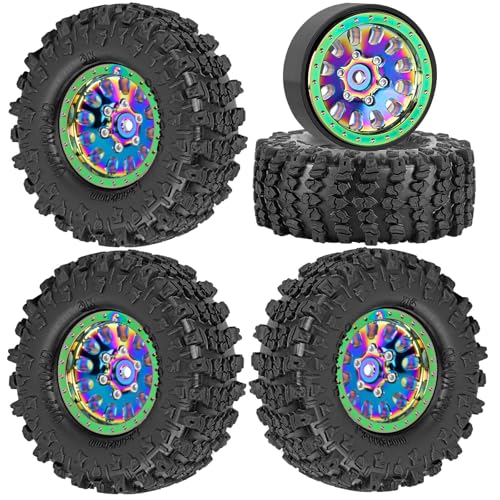 Rc 1.3 Beadlock Wheel Tires/Wheel Rims for 1/24 1/18 SCX24 TRX4M RC Crawler Car,Aluminum 1.3 Beadlock Wheels and Tires,Rc Tires with Foam Inserts,Rainbow(4PCS) - color: Rainbow - (Rc Wheels Tires)