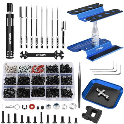 RC Repair Work Stand & 520 Pcs RC Screws Kit for RC Car, BL | 360 Degree Rotation, with RC Screwdrivers and Screws Pallet, 1/8 1/10 1/12 1/16 1/18 RC Crawler Truck Buggy - color: Blue