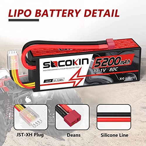 3S Lipo Battery 11.1V 5200mAh Lipo Battery with Deans T Connector Hard Case 80C Lipo Battery for RC Model Racing Truck Car Boat Drone Redcat Racing FPV