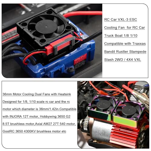 VXL-3s ESC Cooling Fan and Motor Cooling Fan 28000 RPM Dual Fan Set Upgrade for 1/10 Traxxas Slash 4x4 Stampede 4x4 Rustler 4x4 VXL Hoss 4×4 Velineon VXL 3s Heat Sink Replace #3340, Red - style: SRQ-Red Black