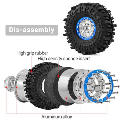 1.9" Alloy Wheels + Rubber Tires 4-Pack, Compatible with TRX4, SCX10, SCX10 III, 90046, D90 and Other Popular RC Crawler Models (blue-silver) - color: blue-silver