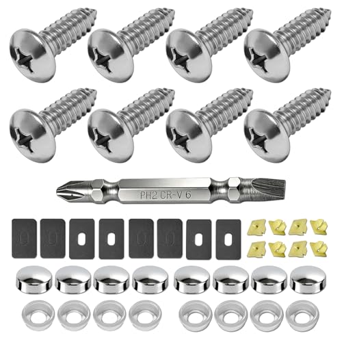 Stainless Steel License Plate Screws, M6 (1/4"), with Chrome Caps | Rustproof Car Tag Fasteners, Front Rear Mount Hardware, Self-Tapping Screws Nylon Inserts + Screwdriver - style: Self-tapping Screws